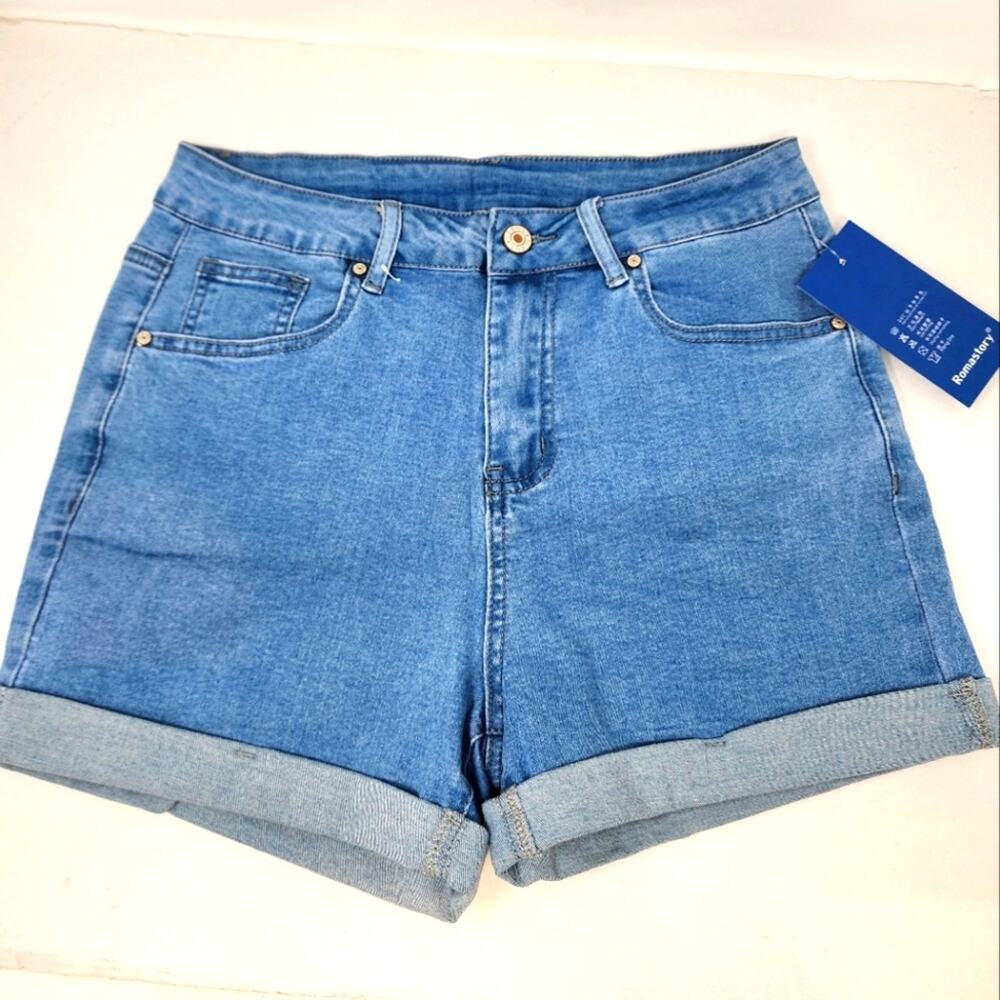 New High Waisted Denim  Blue Jean Shorts Stretch Denim Pockets Women's Size M‎